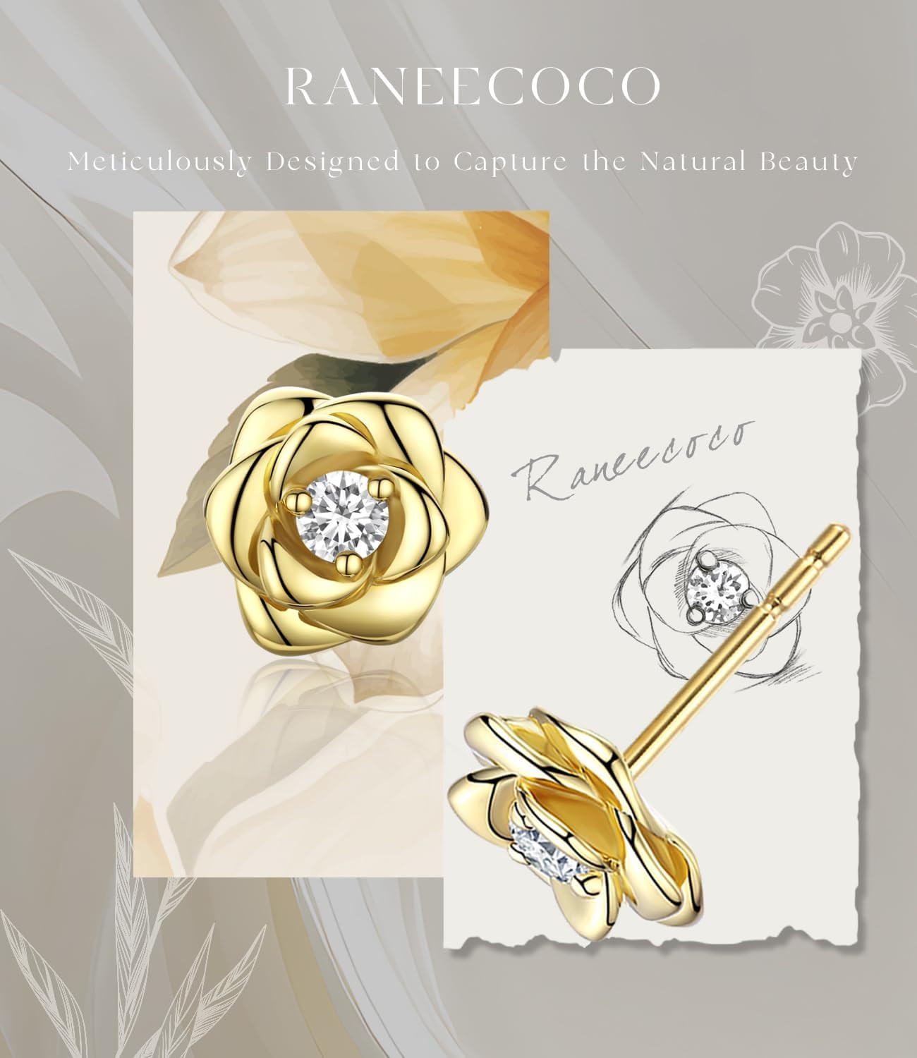 Gold Plated Sterling Silver Rose Flower Earring Studs, Hypoallergenic & Nickel F