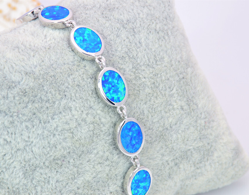 Hawaii Blue/White/Orange/Pink Oval 925 Sterling Sliver Fire Opal Bracelet 18cm