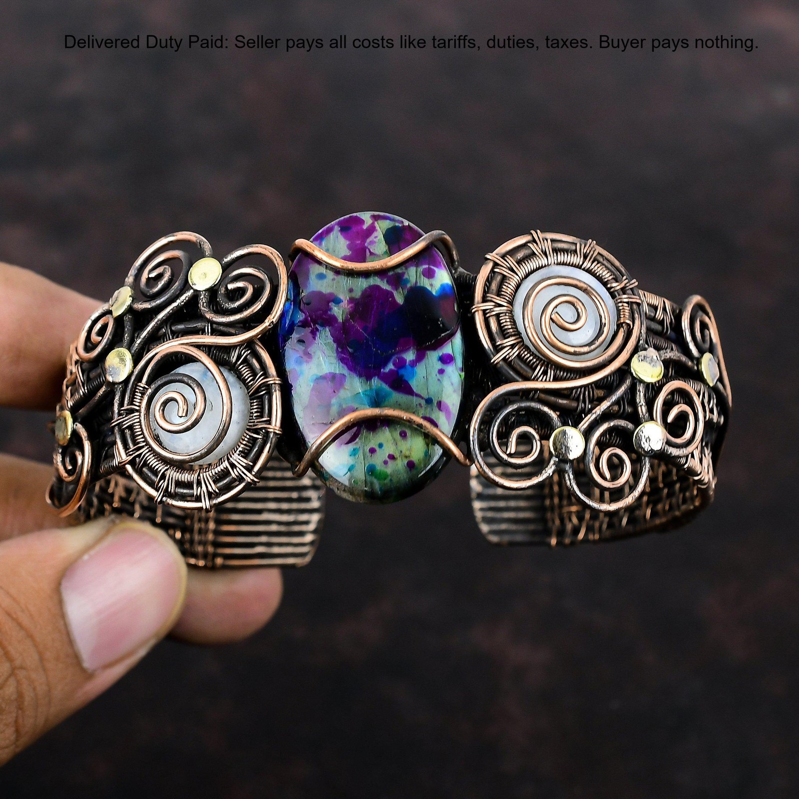 Copper Multi Fire Labradorite Stone Rainbow Moonstone Wire Wrap Bangle Jewelry