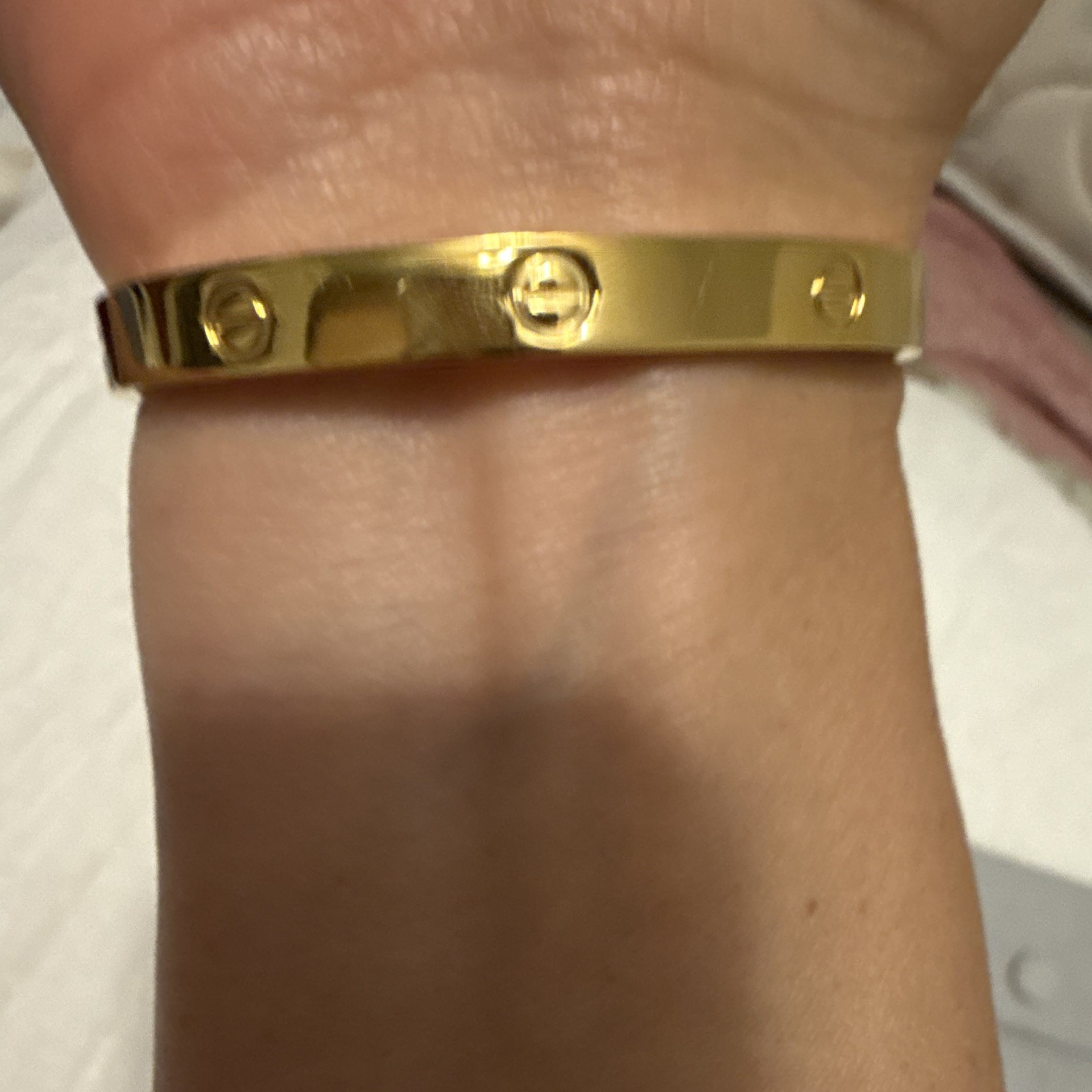 Gold Tone Logo Motif Bangle Bracelet, No Stone, Gold Color Jewelry