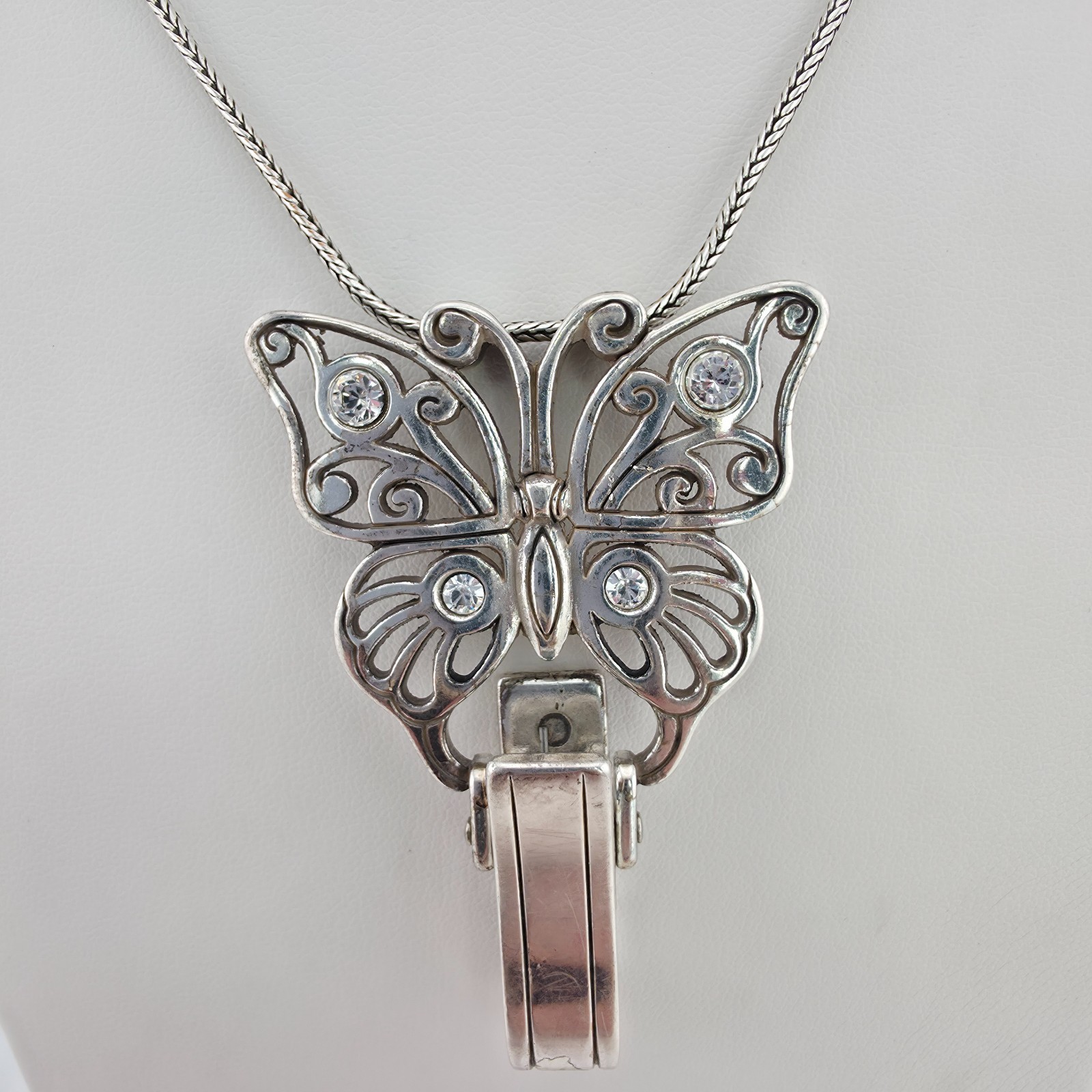BRIGHTON Butterfly Badge ID Clip Lanyard Necklace Crystal Silver Plate 32″