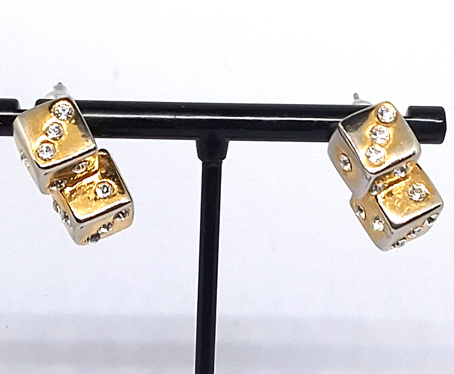 Vintage Gold Tone and Rhinestone Double Dice Post Pierced Earrings