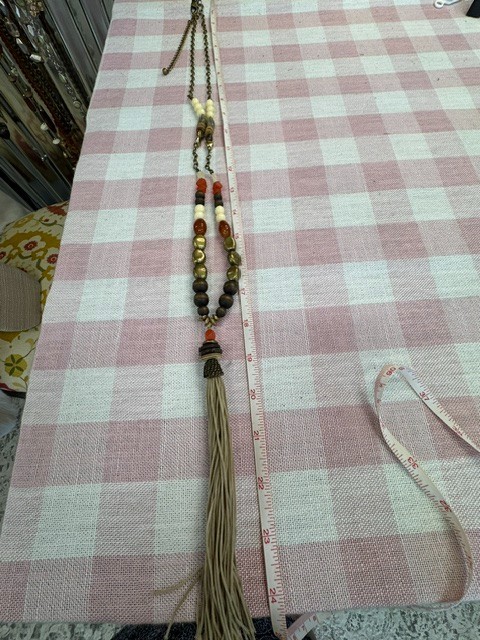 Chico’s Long Beaded Tassel Necklace Wood Gold Tone Boho Adjustable 36″