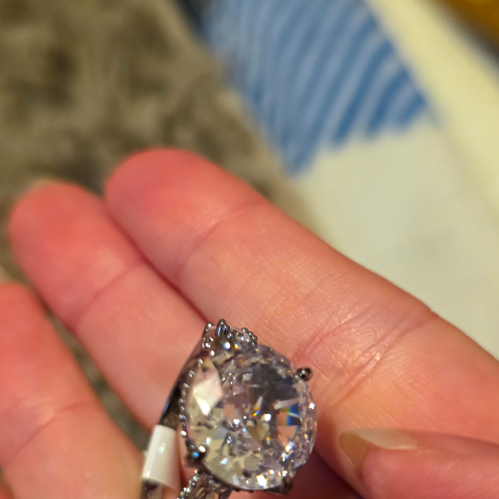 Size 7 Round White Cubic Zirconia Solitaire Halo Prong Ring Hematite Plt