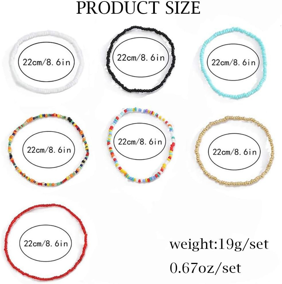 7PCS Boho Beaded Anklets Stretch Glass Seed Bead Bracelet Set