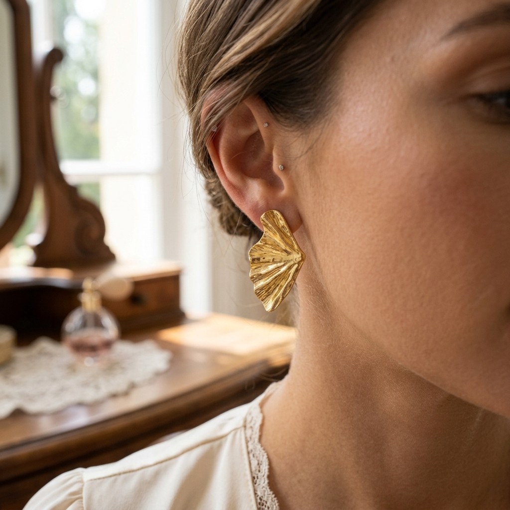 Gold Tone Ginkgo Leaf Stud Earrings Textured Nature Inspired Pierced Jewelry