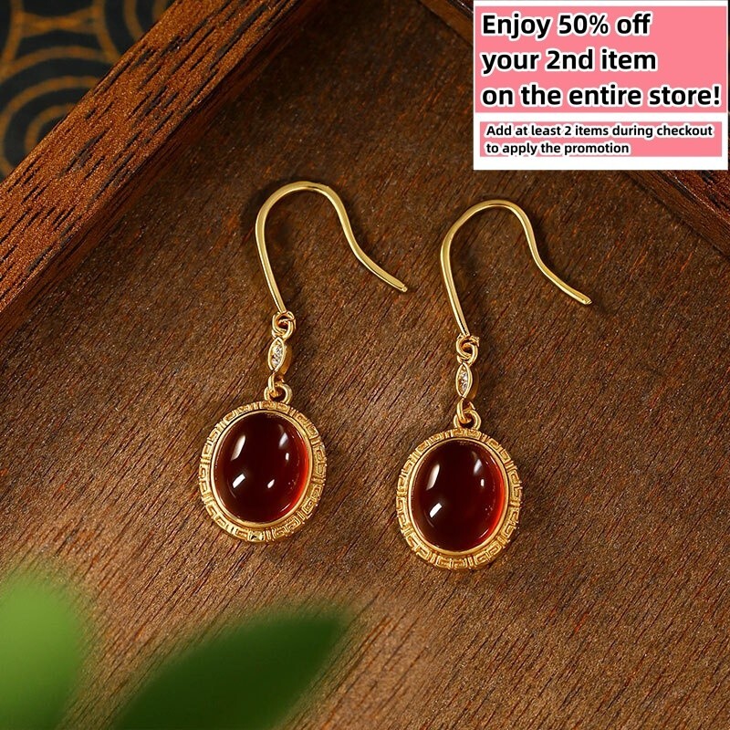 Red Jade Drop Dangle Earrings Gemstone Boho Minimalist Hook 18K Gold Plated