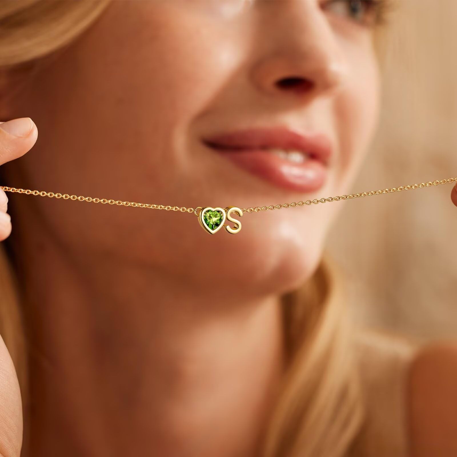 Turandoss Initial Birthstone 16 inches + 2.5 extender, 08-Lab Peridot