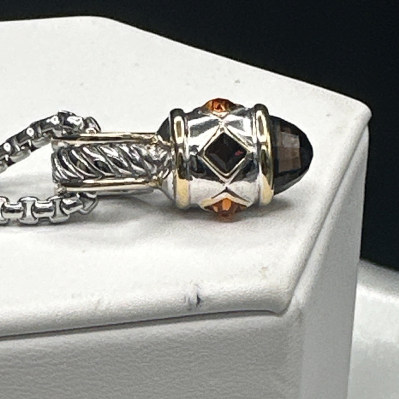 Silver-Gold Tone Chain Charm Bracelet Metal Adjustable with Black Cushion Stone
