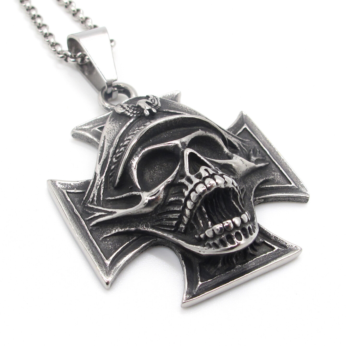 MENDEL Mens WW2 Officer Skull Iron Cross Pendant Necklace Chain Stainless Steel