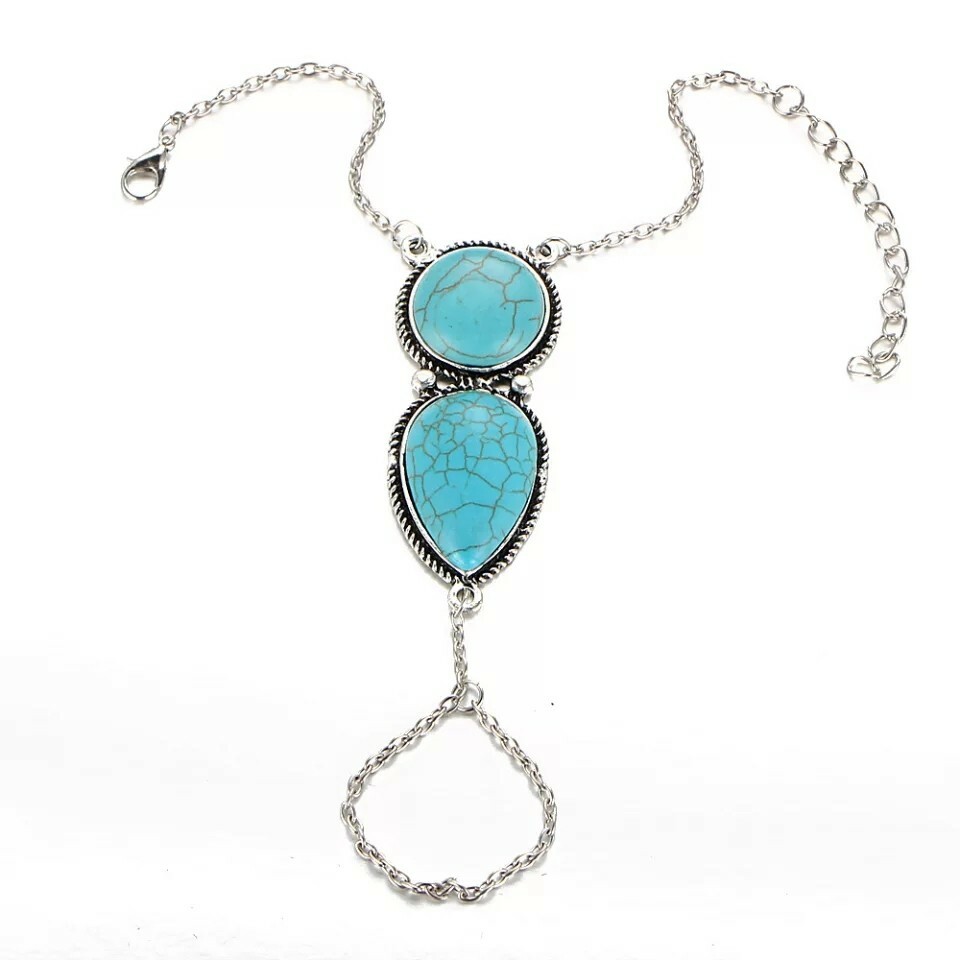 New Bohemian Beach Retro Ethnic Blue Green Stone Fingered Bracelets Hand Jewelry