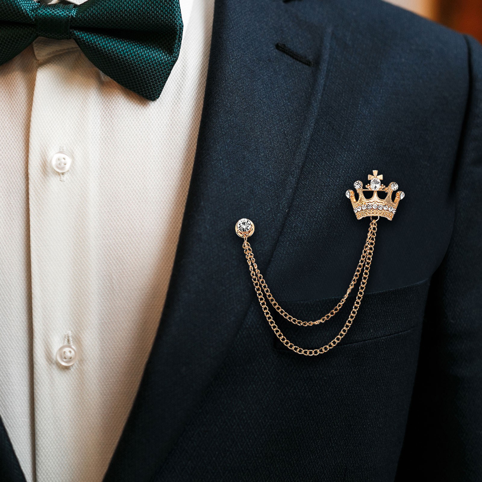 Crown Hanging Chain Brooch Pins Rhinestone Suit Pins Gold Tone White
