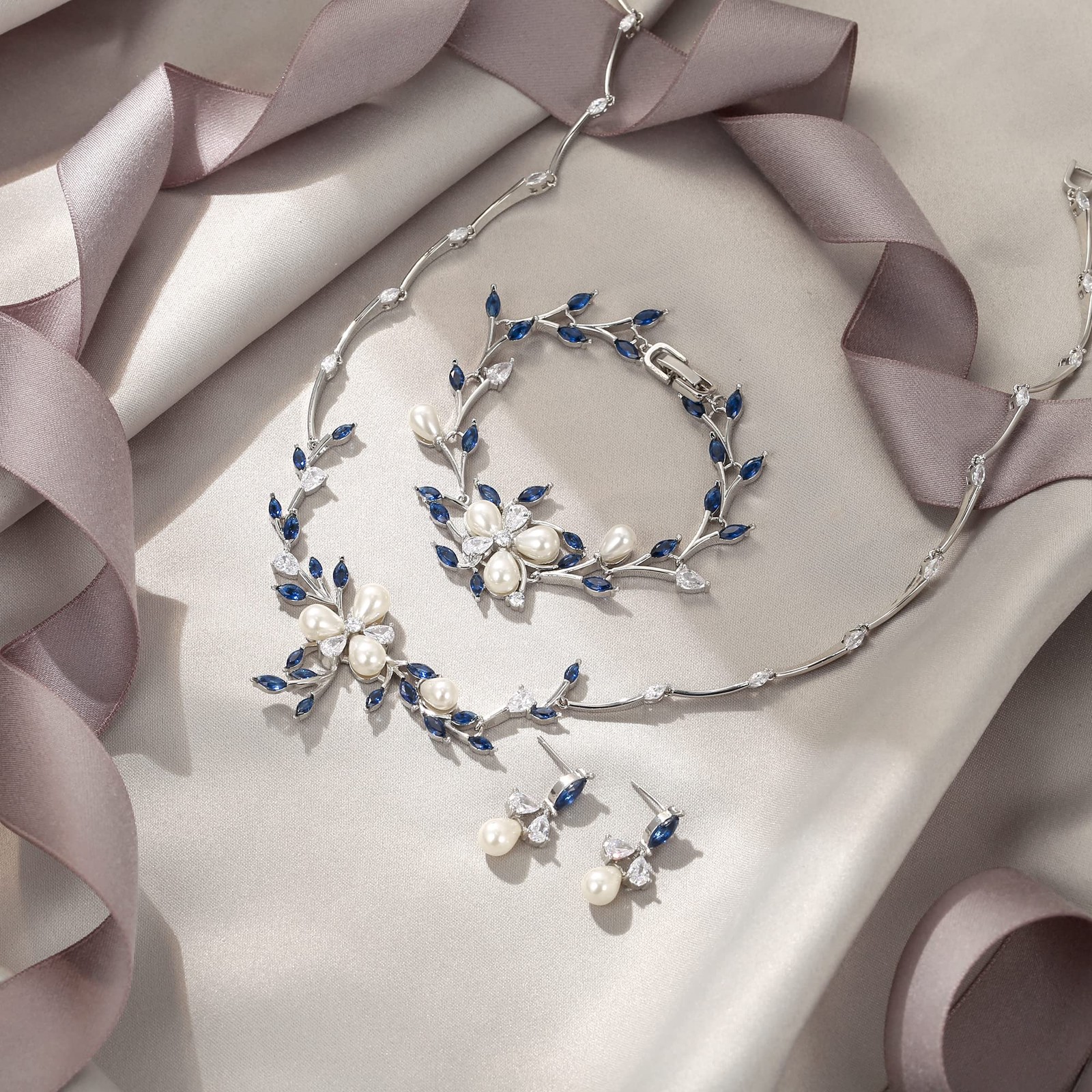 Wedding Jewelry Set for Bride, Simulated Pearl Blue Marquise CZ Flower Filigr…
