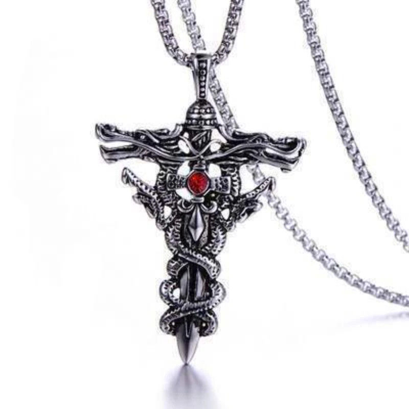 Punk Gothic Necklace Men Alloy Dragon Sword Evil Eye Cross Pendant Jewelry Gift
