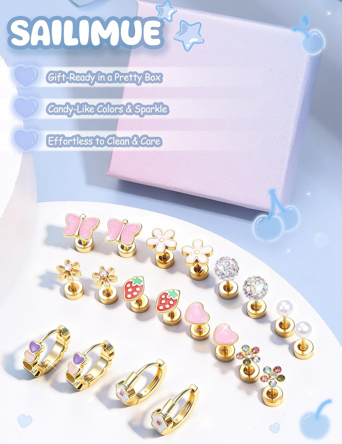Hypoallergenic Flat Back Earrings Girls Surgical Steel Butterfly Flower Studs
