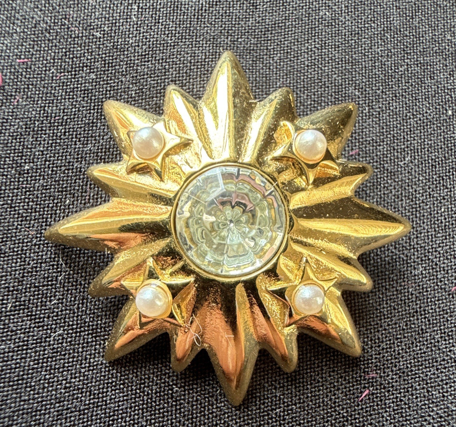 Vintage Trifari Signed Gold Tone Starburst Brooch Pin Rhinestone and Faux Pearls