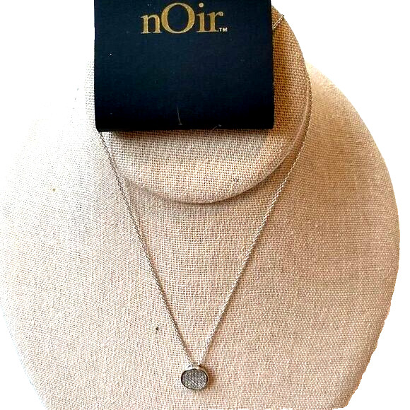 nOir Silver Necklace with Round Pavé Crystal Charm 16″ NEW with Tags SHIPS FREE