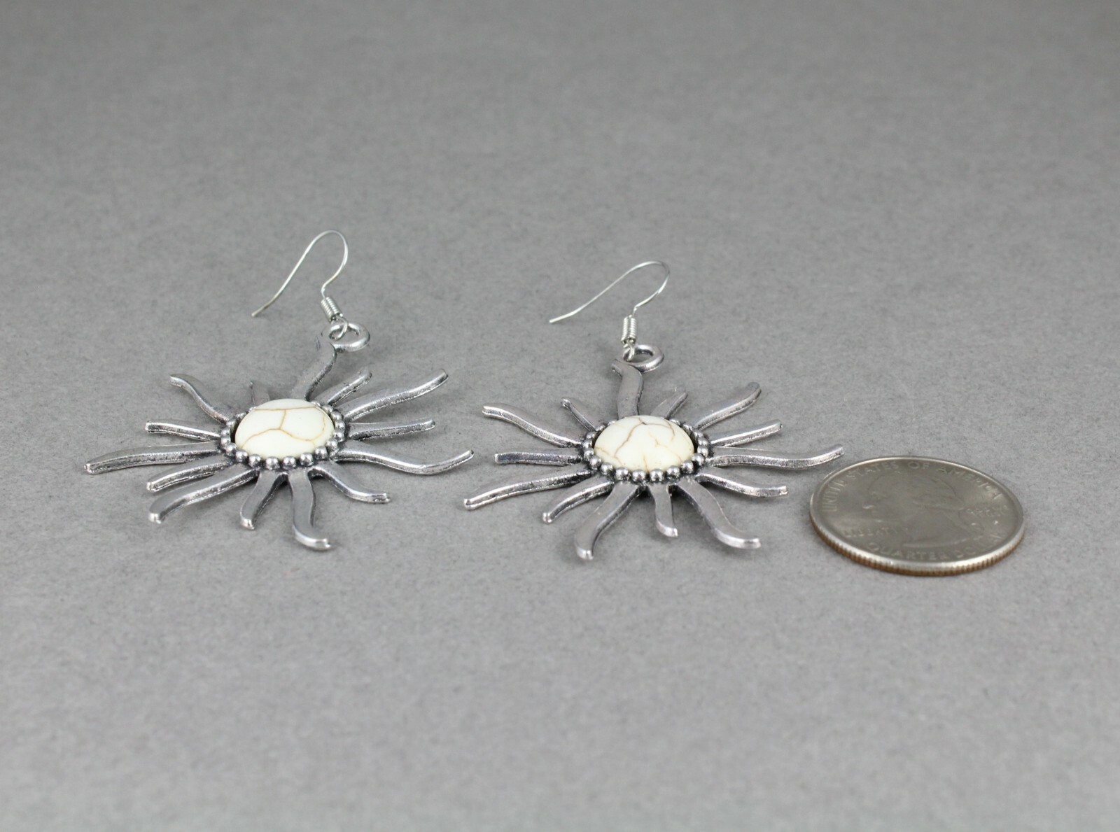 silver sun earrings cream center bead dangle lightweight 2.5″ long long rays