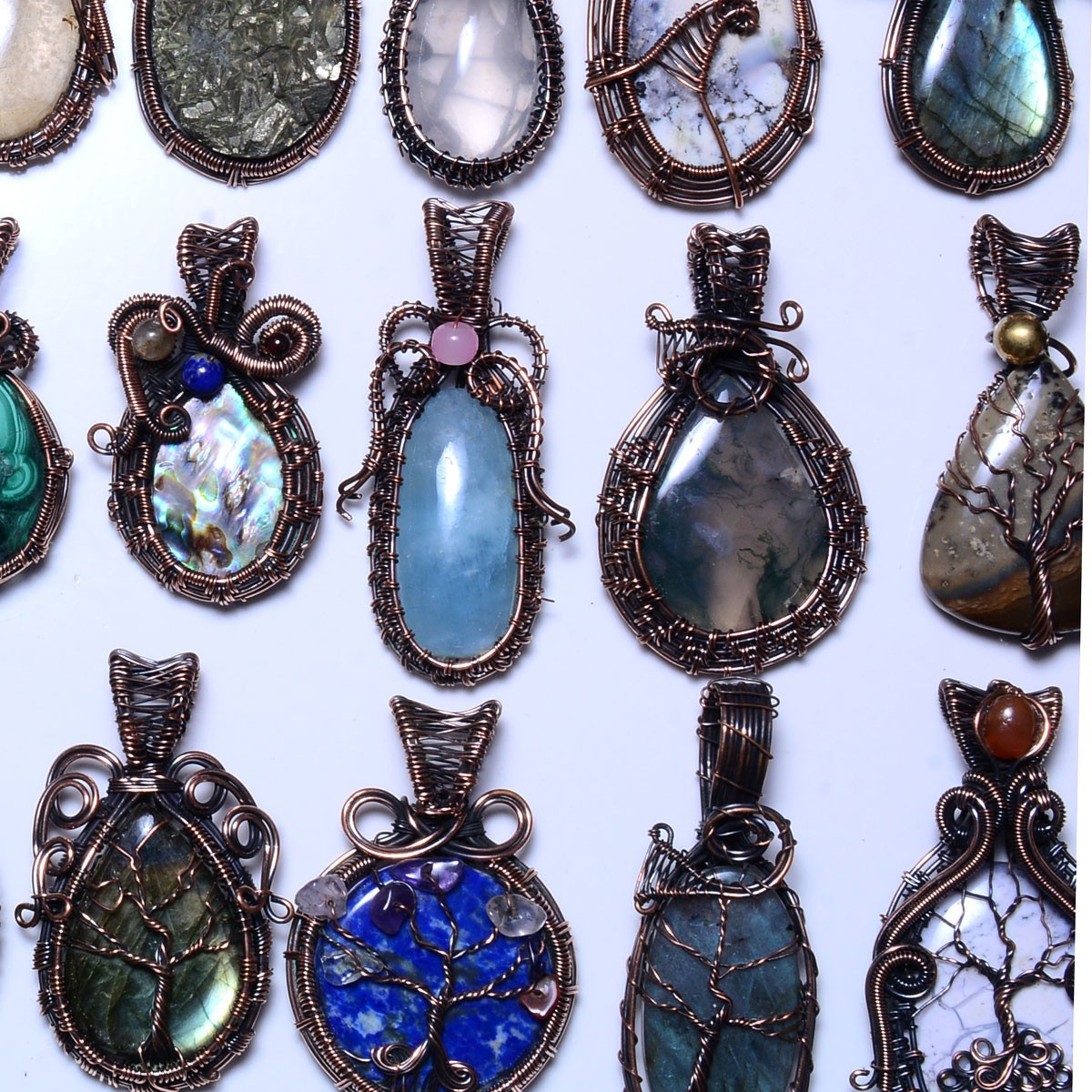 Natural Handmade Mix Gemstone Copper Wire Wrap 10 Pcs Lot Pendant Jewelry Reiki