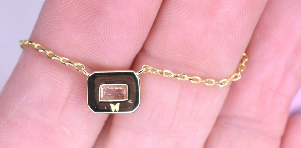 Adina Eden Pave Outlined Baguette Solitaire Pendant 16″ Necklace NEW W/ Pouch