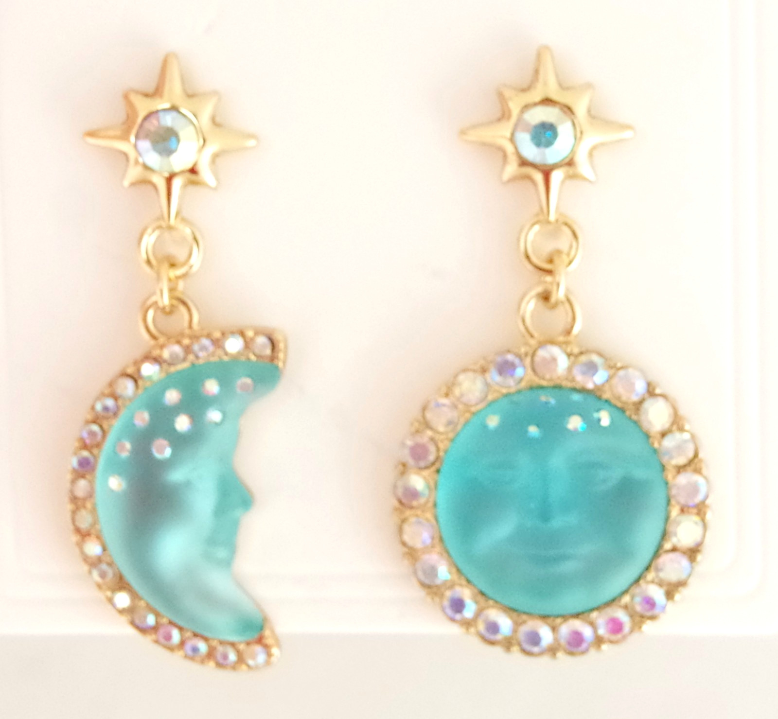 2″ KIRKS FOLLY BLUE SEAVIEW MOON FACE AB CRYSTAL RHINESTONE DROP DANGLE EARRINGS