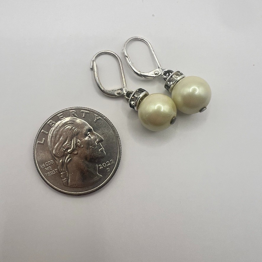 Elegant Pearl Drop Leverback Earrings Rhinestone Rondelles Accents Silver Bridal