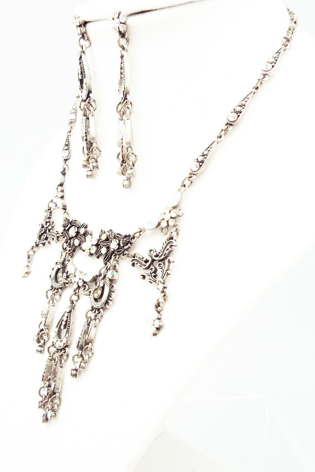 DESIGNER INSPIRED 17in CLEAR MULTI CRYSTAL SILVERTONE VICTORIAN JEWELERY SET NEW