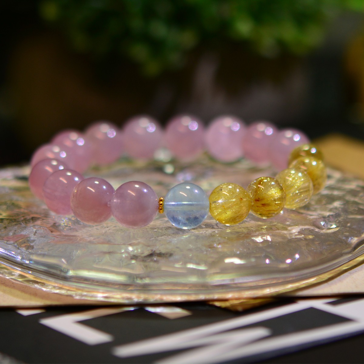 Madagascar Rose Quartz Rutilated Aquamarine Bracelet 18K Gold Gift for Women
