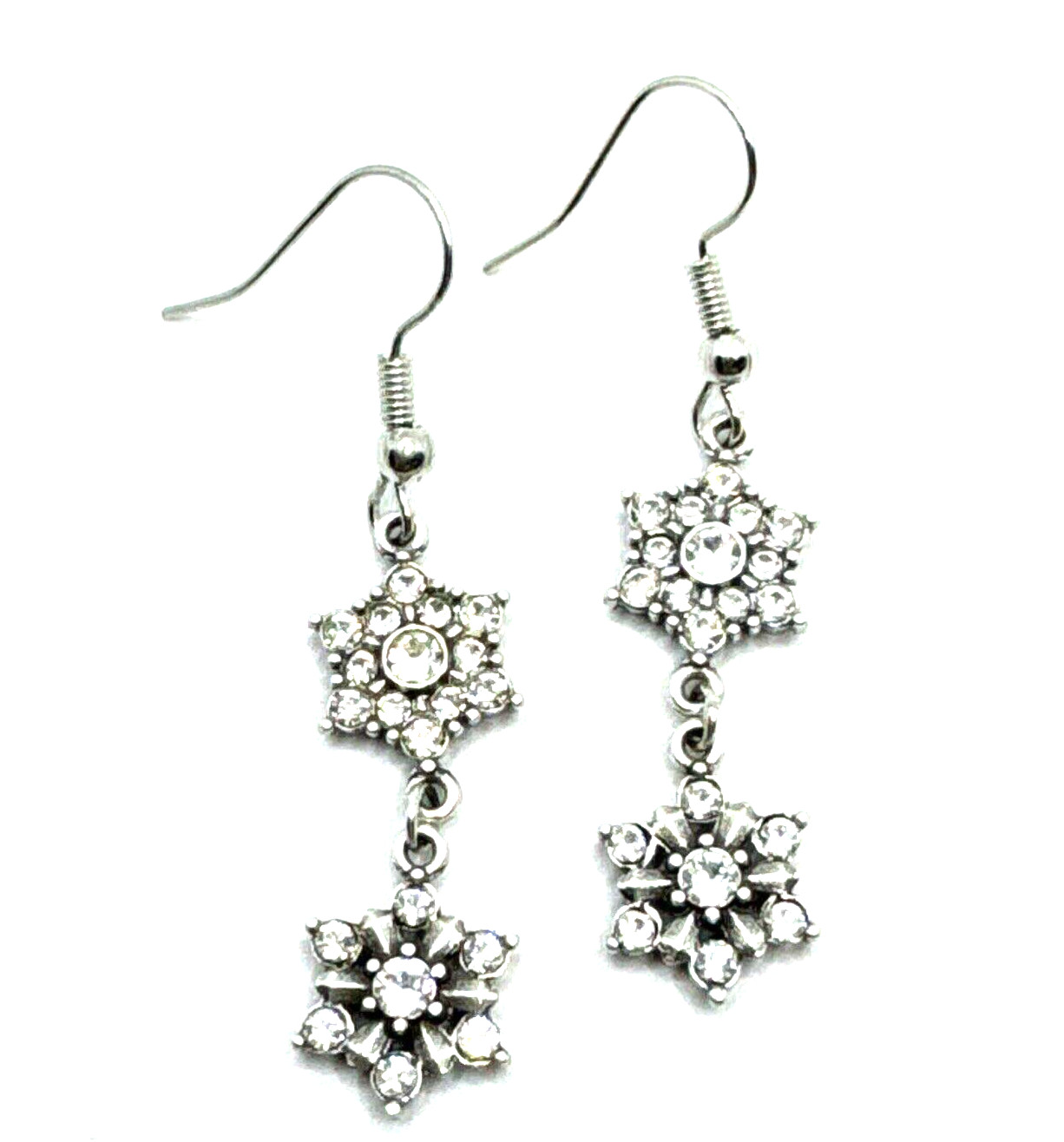 Brighton Arctica 2-Snowflakes Dangle Crystals Holiday Winter Silver Earrings