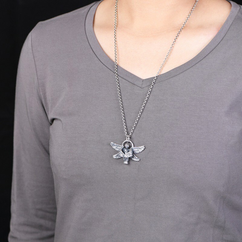 Seraphim Praying Angel 6 Wings Necklace Pendant Retro Charm 925 Sterling Silver