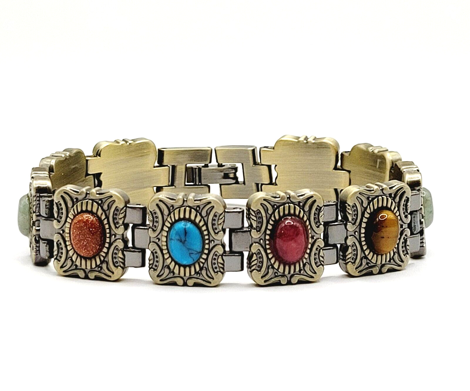 Ornate Western Style Multi Color Faux Gemstone Muted Gold Silver Tone Bracelet