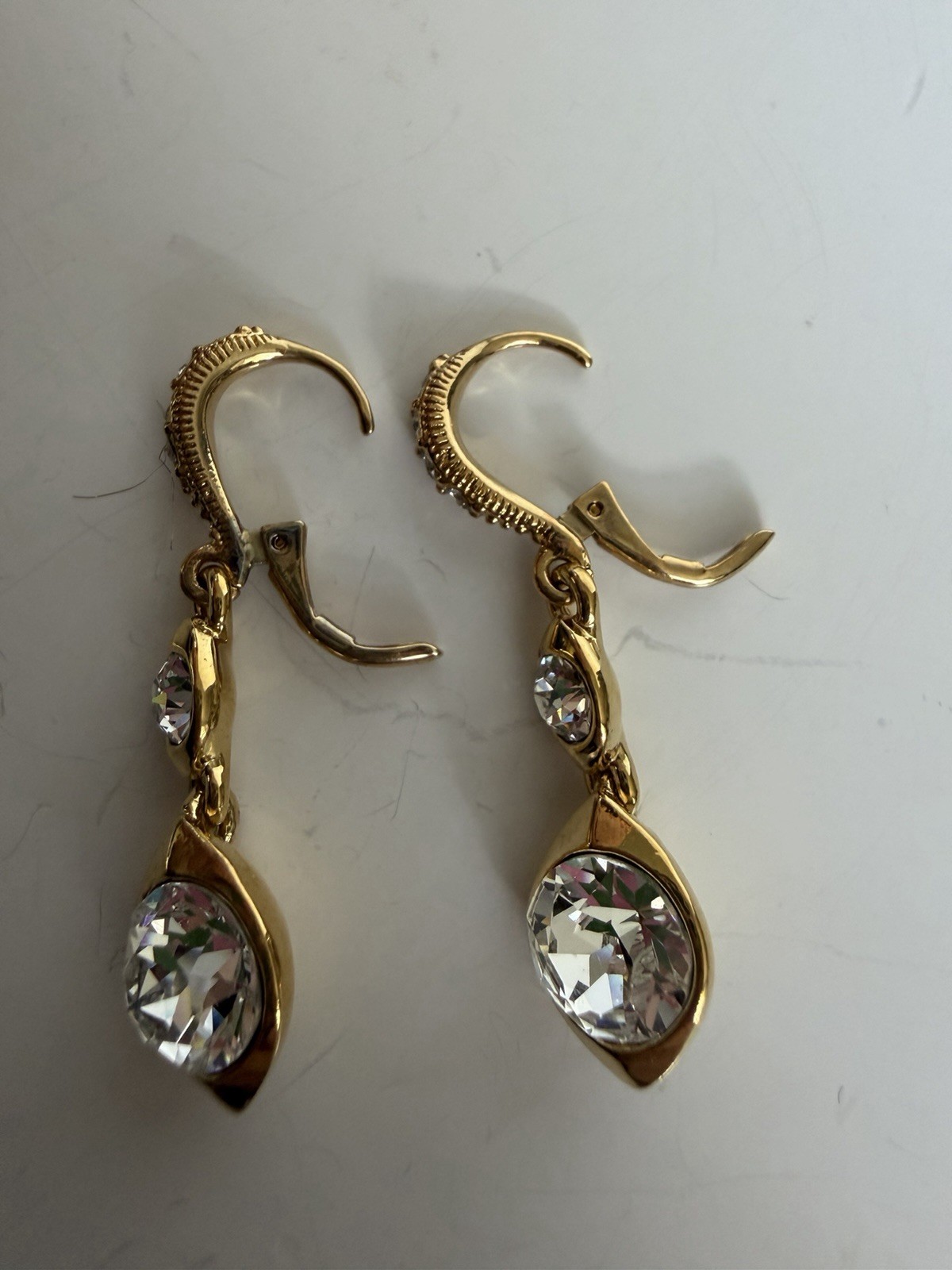 Givenchy Gold Tone Swarovski Crystal Double Drop Teardrop Leverback Earrings
