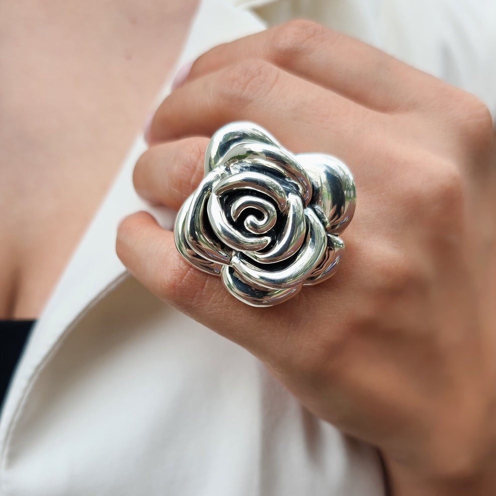 Nacrissa Rose Silver Flower Cocktail Statement Ring Size 7 Metal 900