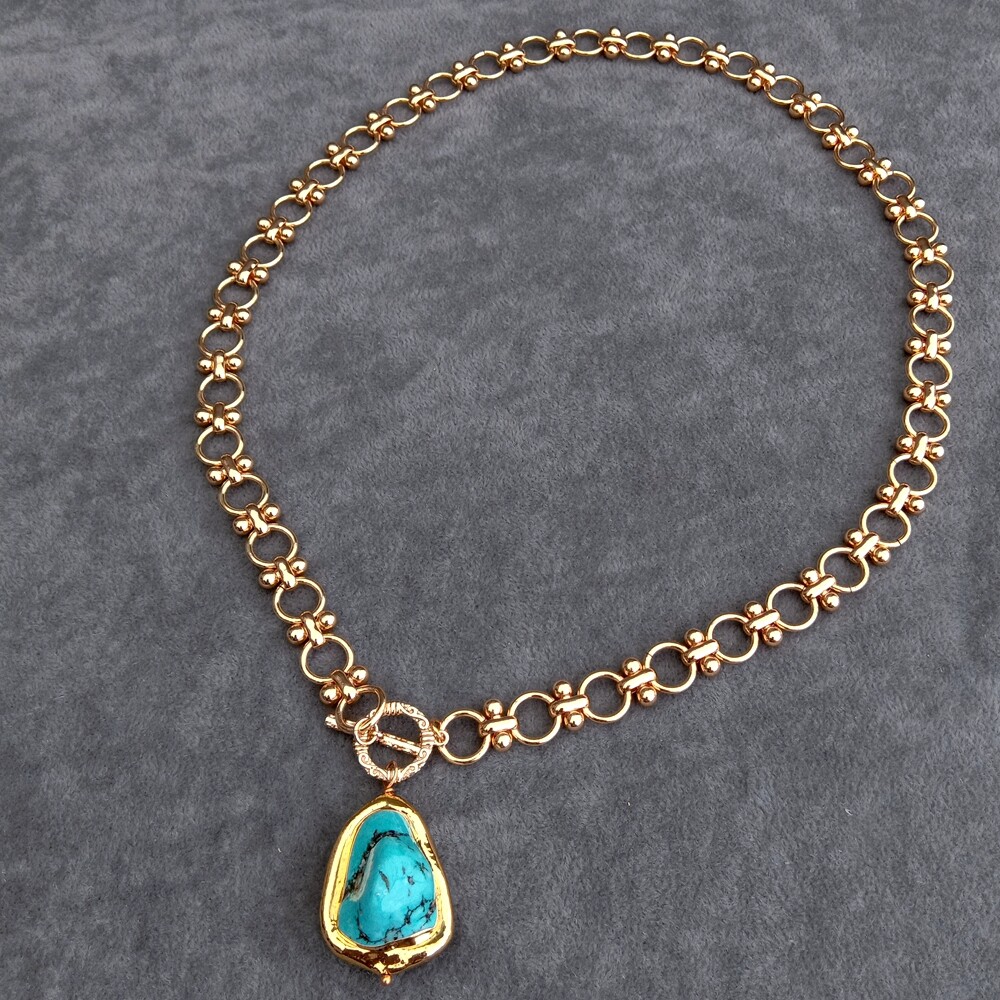 Gold Plated Chain Chokers Necklace Blue Turquoise Pendant Designer Gems Jewelry