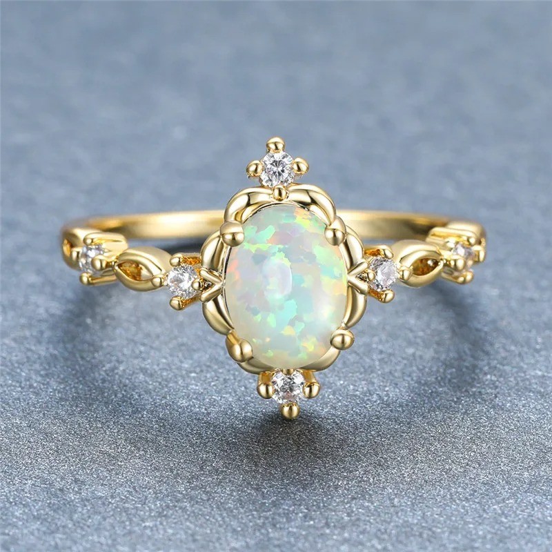 Gold Silver Color Opal Oval Stone Engagement Ring Crystal Wedding Band Women