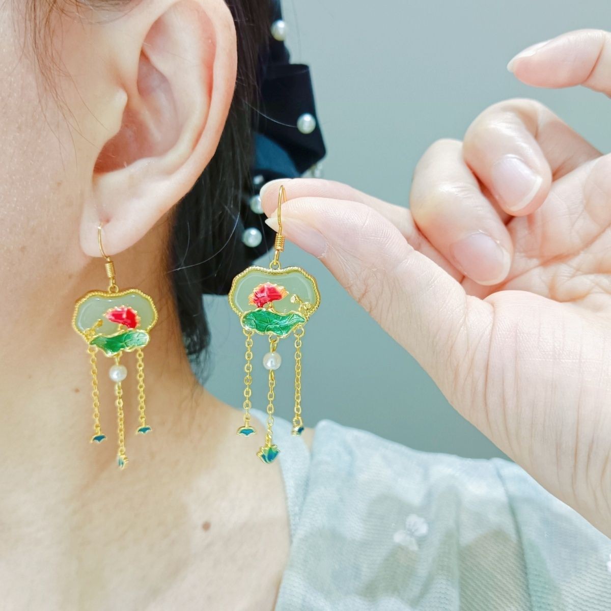 New Chinese Style Enamel Tassel Earrings with Agate Vintage Chinese Ear Jewelry
