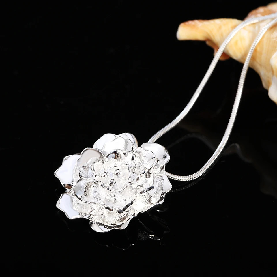 Flower Pendant Necklace 925 Sterling Silver 16-30in Snake Chain Women Jewelry