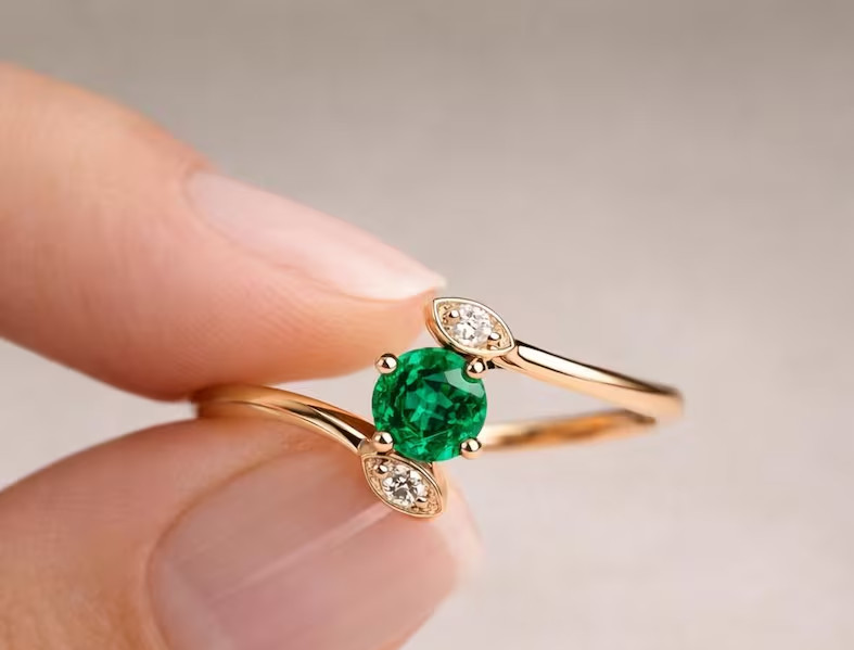2 Ct Round Cut Simulated Emerald Wedding Bypass Band Ring 14k Yellow Gold Over