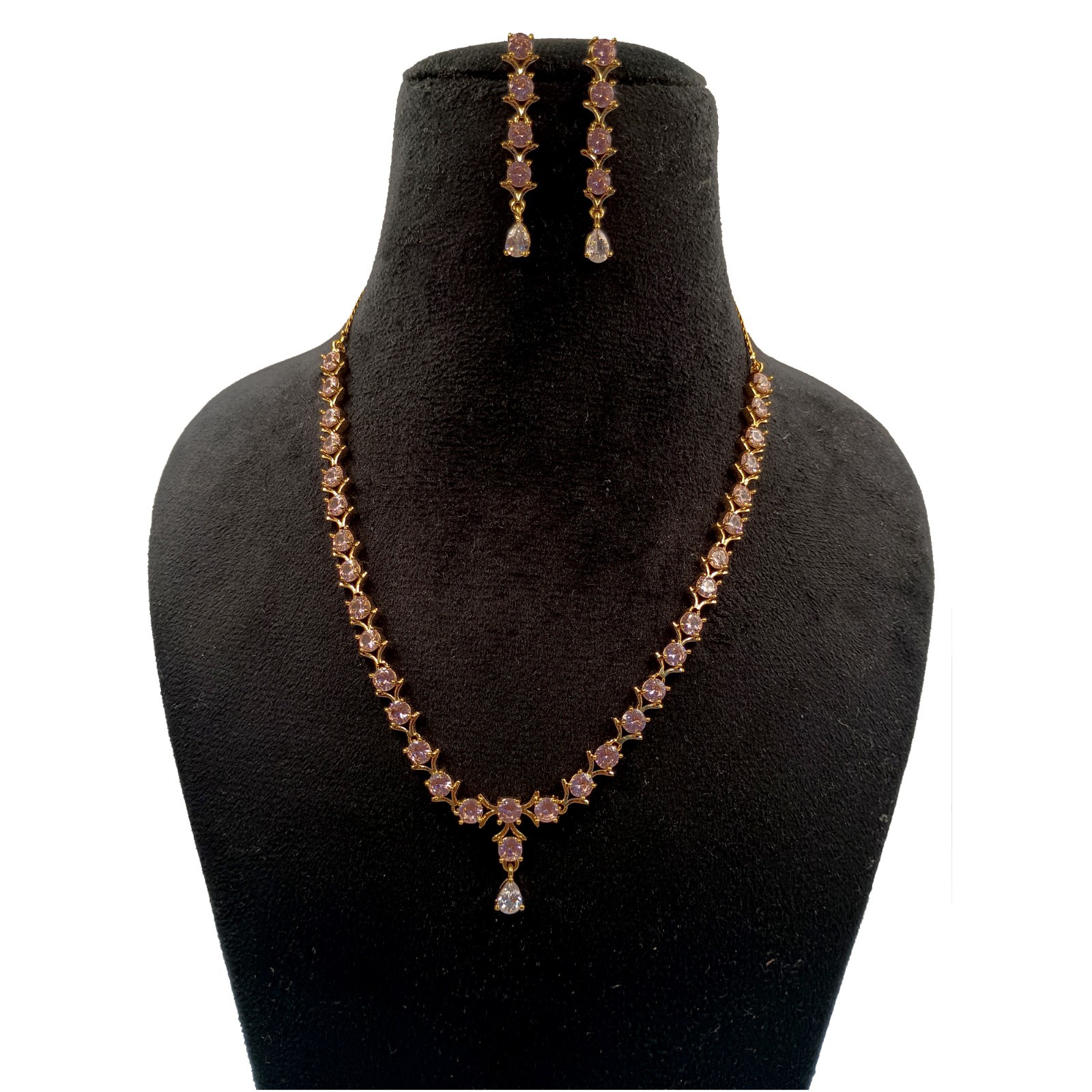 22K Gold Plated Pink Morganite Choker Set Handmade Round Crystal Party Necklace