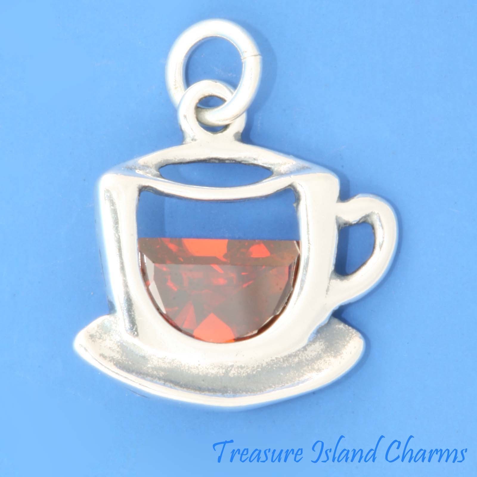 Tea Cup and Saucer with Brown CZ Crystal 925 Sterling Silver Charm MADE IN USA