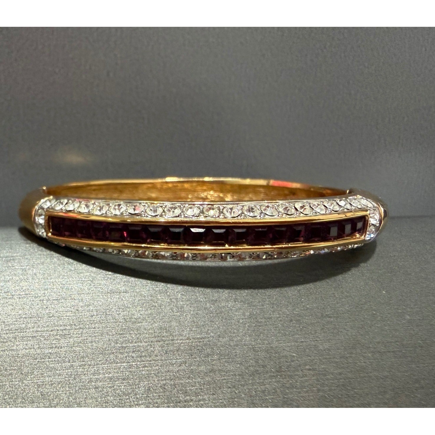 Vintage Purple Clear Crystal Hinged Bangle Bracelet Rhinestone Pave Gold Tone