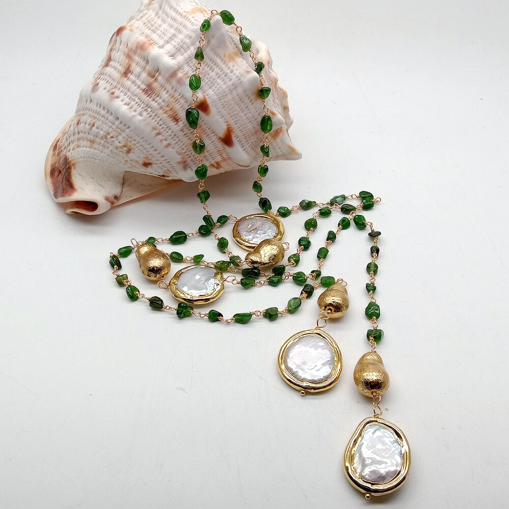 Natural Green Diopside Cultured White Coin Pearl Long Necklace 41″