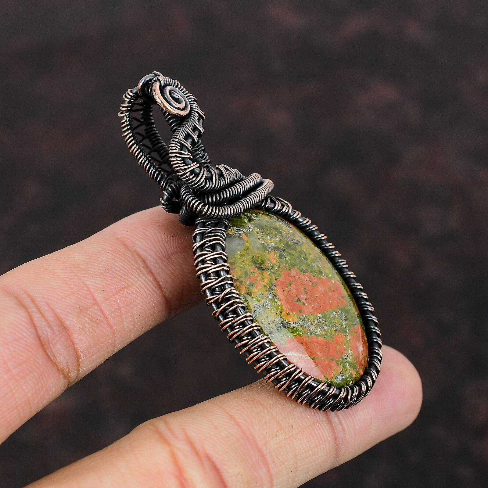 Unakite Gemstone Handmade Jewelry Copper Friend Gift Wire Wrapped Pendant 2.6″
