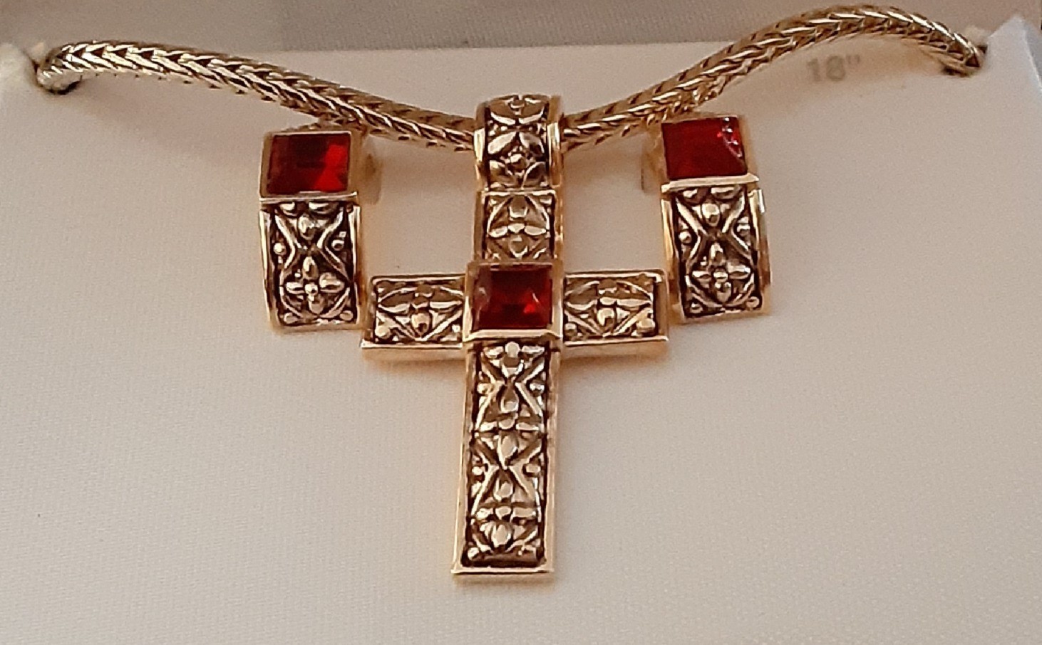 Worthington Cross Necklace and Earring Set with a red simulated Garnet stone VTG