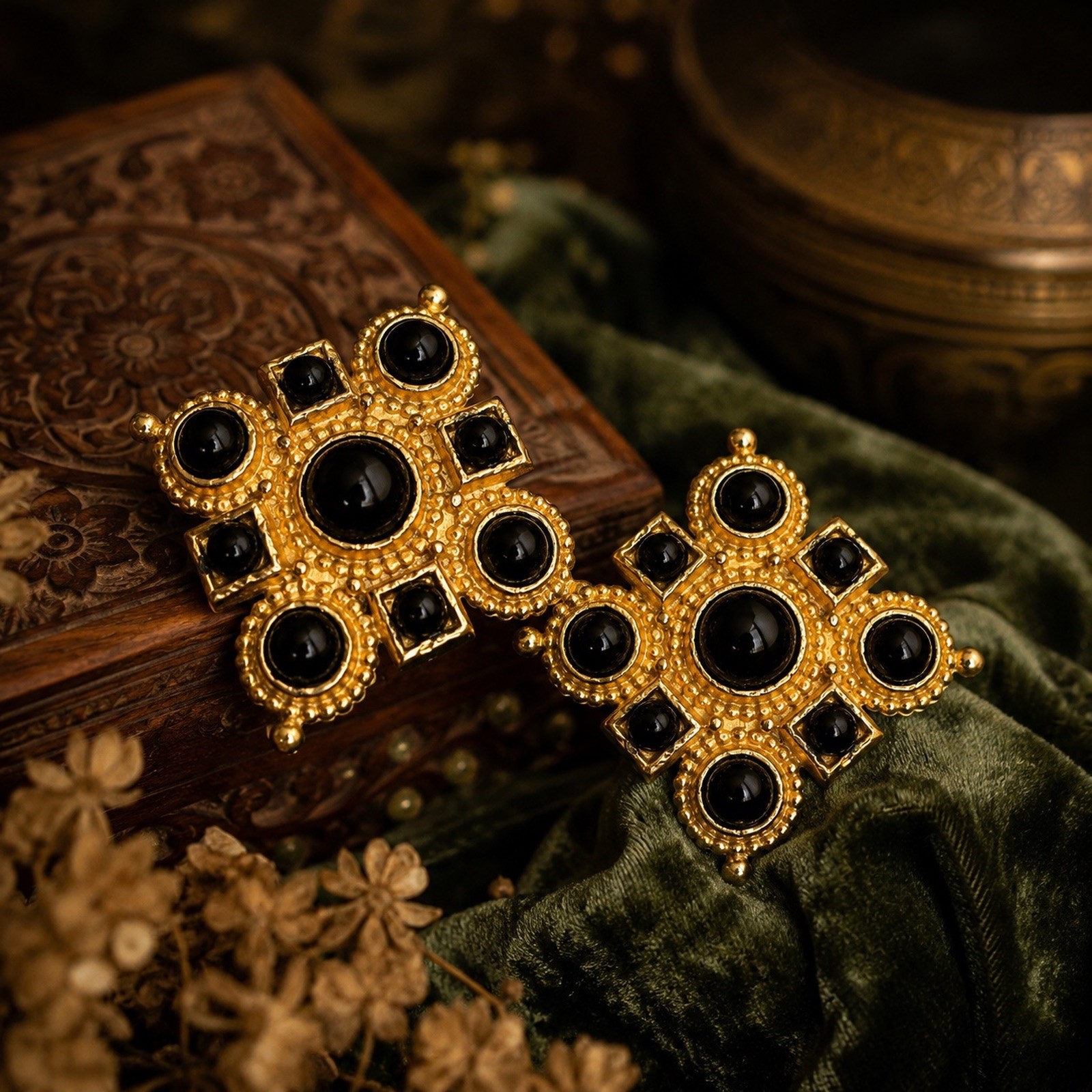 Vintage Edouard Rambaud Paris Clip Earrings Byzantine Cross Black Cabochons 1980
