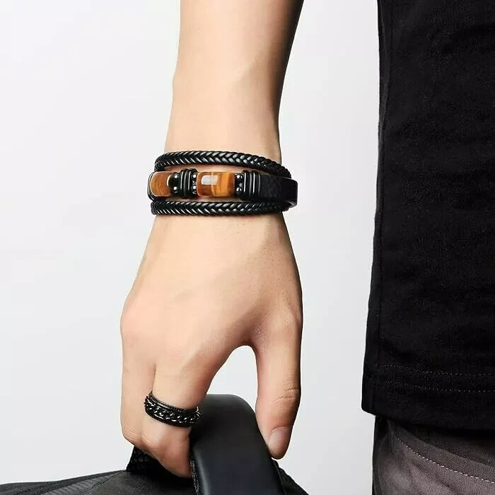 Tiger Eye Black Leather Men Bracelet Strength Crystal Stone Healing Fashion Gift