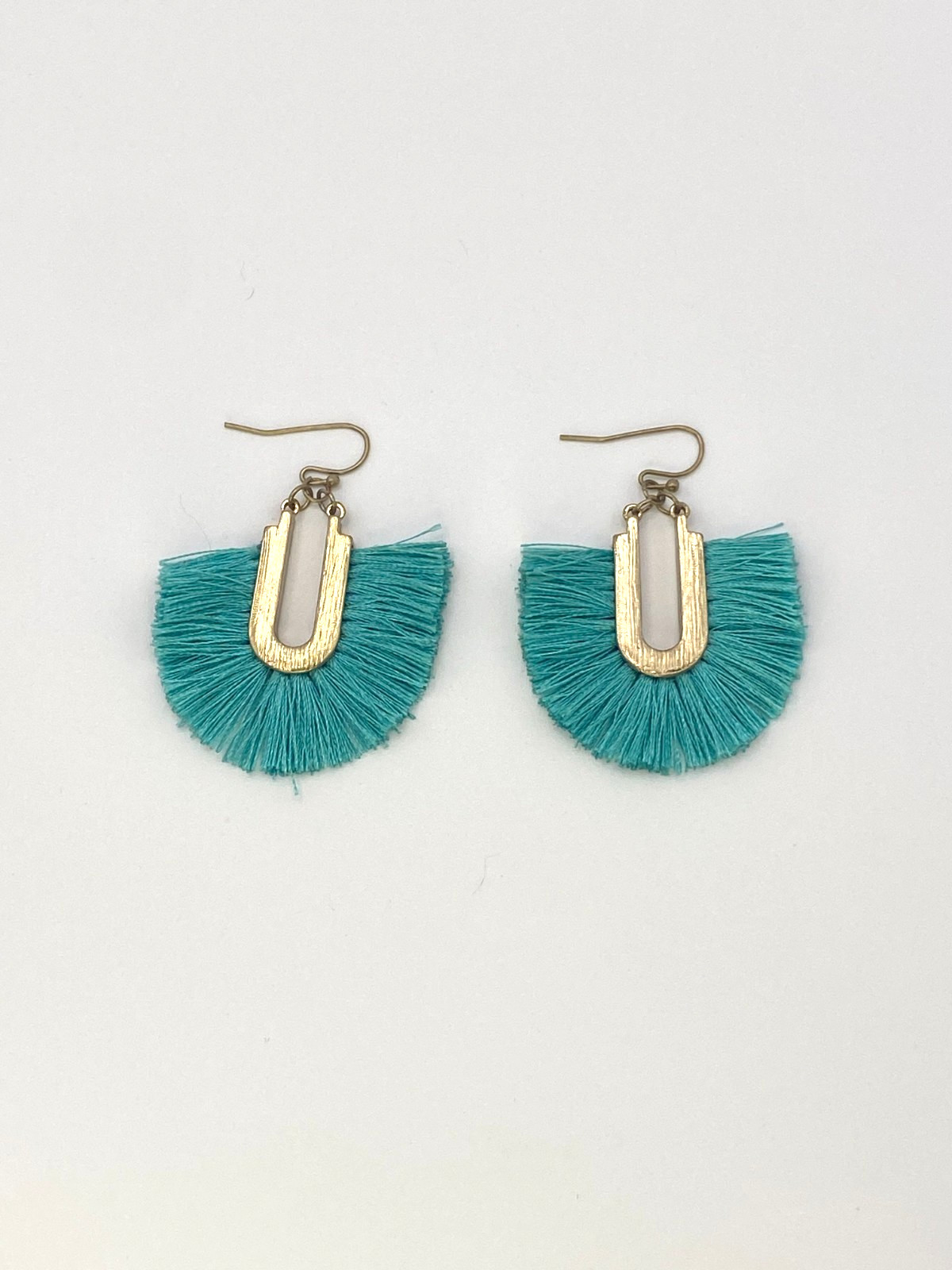 Aqua Bohemian Gold-Tone Geometric Arch Fringe Fan Earrings