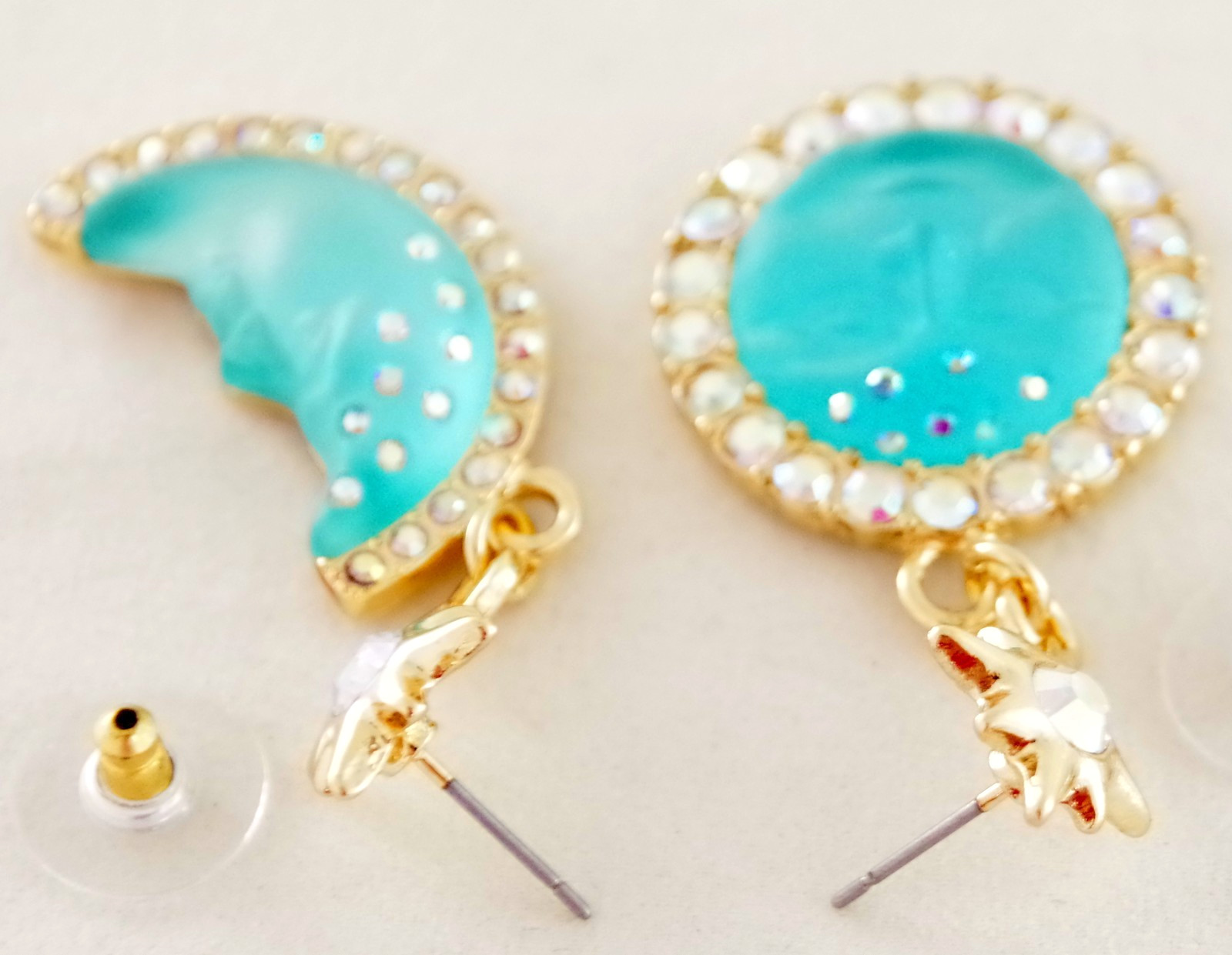 2″ KIRKS FOLLY BLUE SEAVIEW MOON FACE AB CRYSTAL RHINESTONE DROP DANGLE EARRINGS