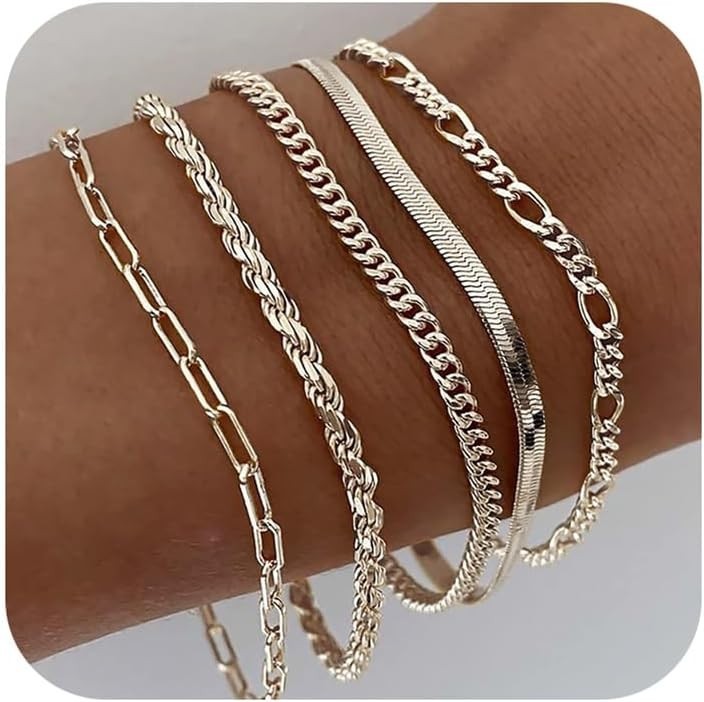 Gold Plated Women’s Bracelets Set, 5 Pcs, Adjustable, Pearl Jewelry