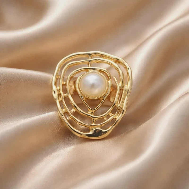 KC Gold Plated White Pearl Adjustable Ring Beauty Gift